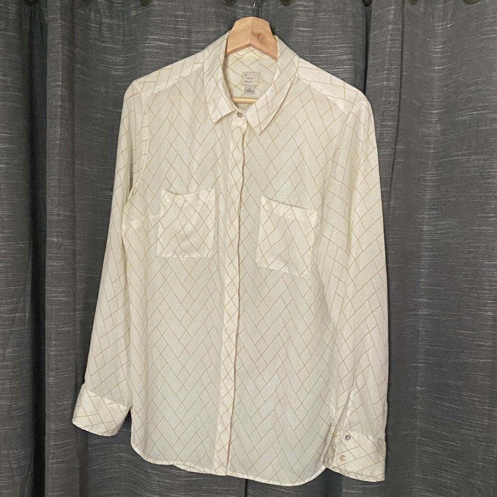 A New Day Geometric Print Gold and White Career Wear Button Down Blouse Flowy